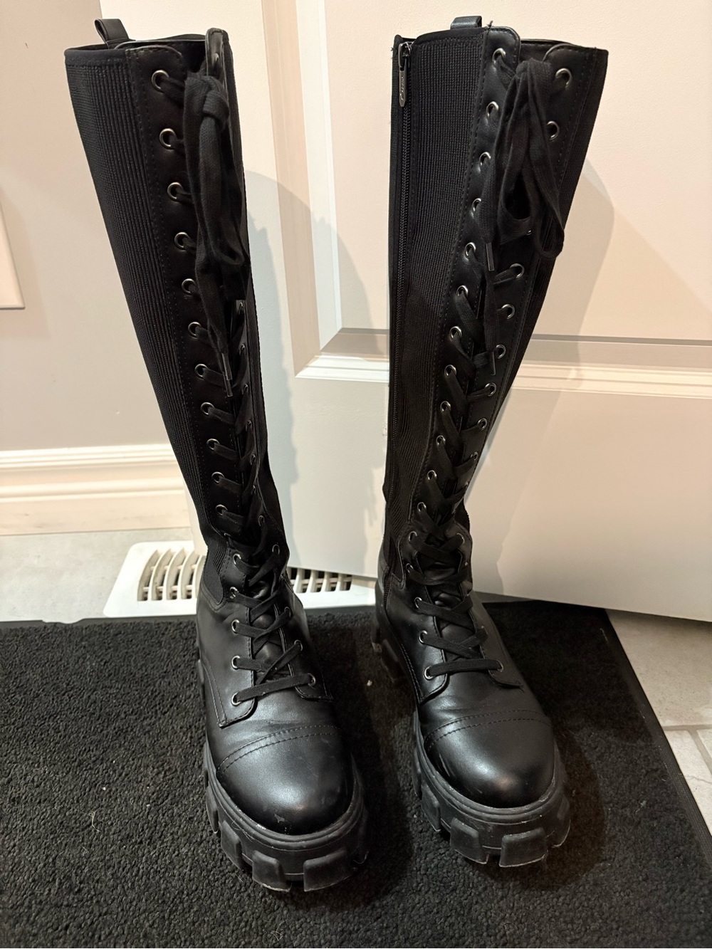 Black Lace-Up Knee-High Platform Boots